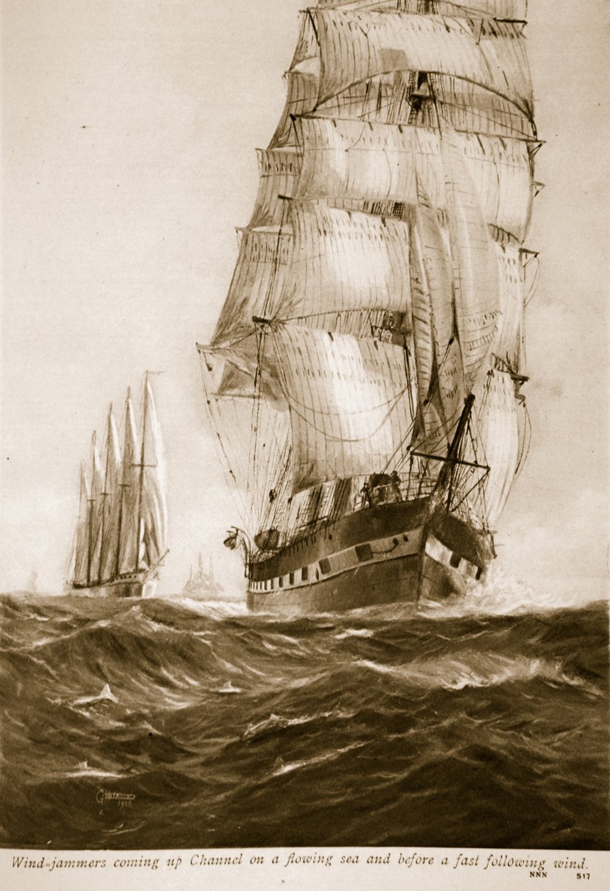 Wind-jammers chegando Canal em um mar fluindo e antes de um vento rápido seguinte, 1914-19 de English School