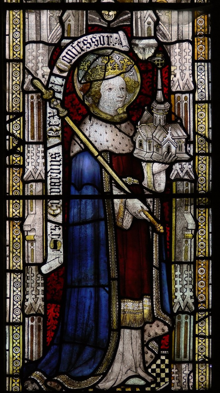 Window Ew representando St Ethelbert (rotulado erroneamente como Edward the Confessor no século 19!) de English School