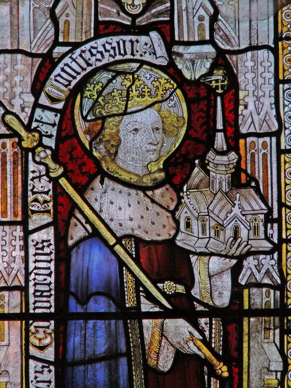 Window Ew representando St Ethelbert (rotulado erroneamente como Edward the Confessor no século 19!) de English School