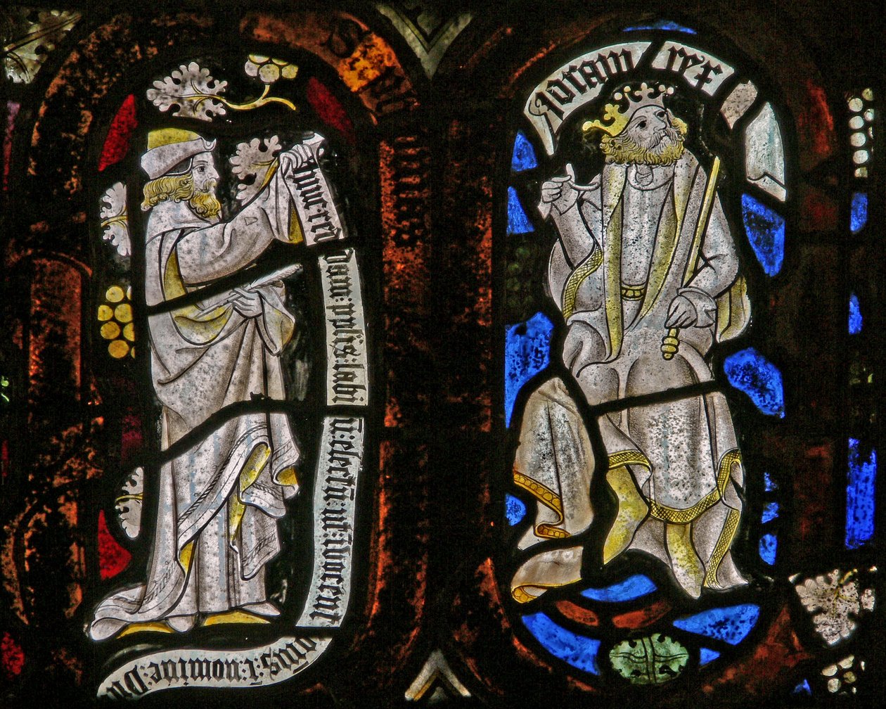 Window Ew retratando figuras Tree of Jesse: um profeta e Joram de English School