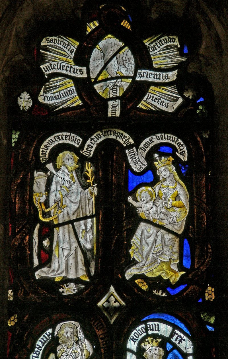Janela Ew retratando as figuras da Árvore de Jessé: descendo presentes do Espírito para a Natividade com a Virgem Maria e José com o cavalo montado de English School