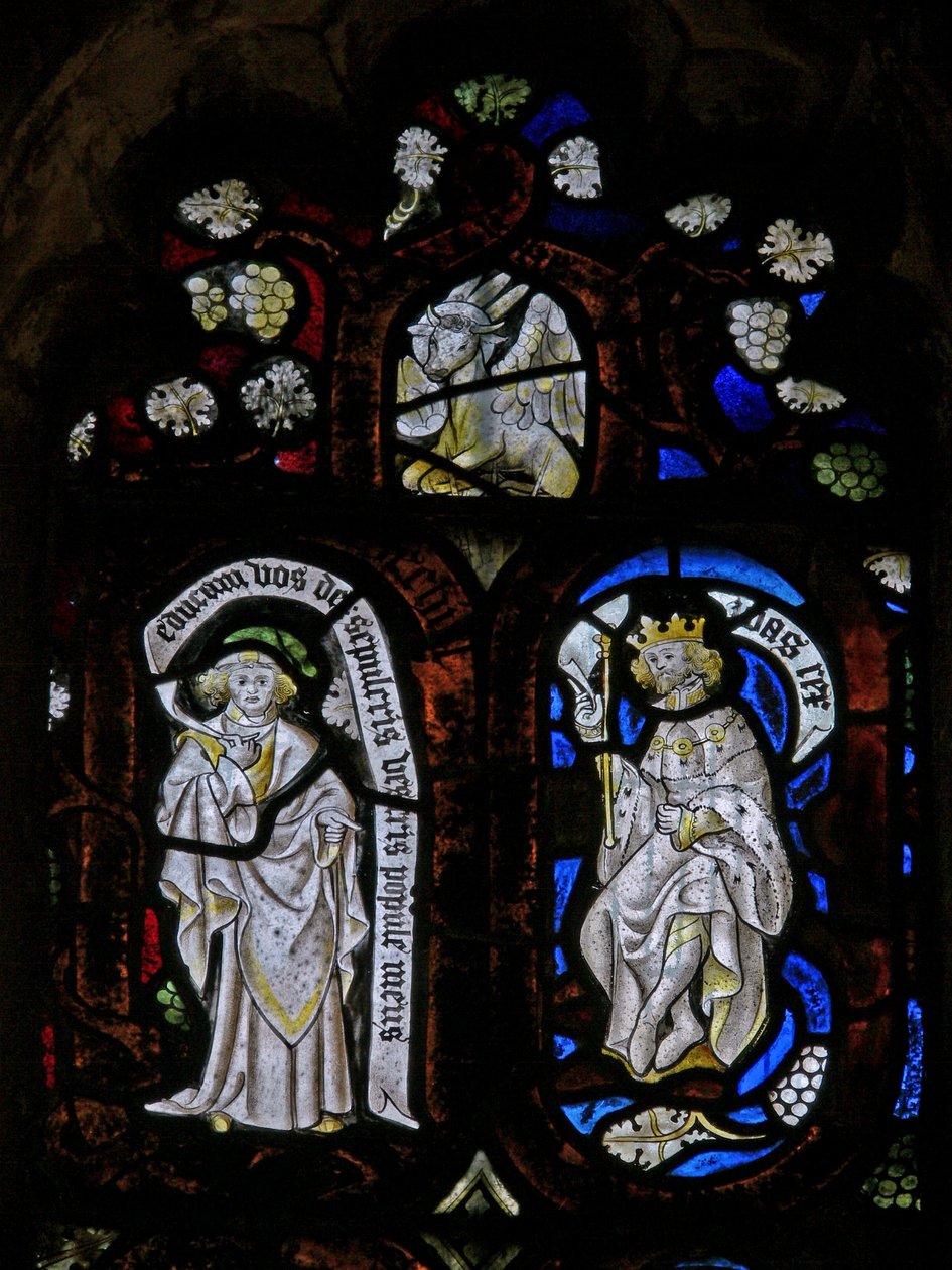 Janela Ew retratando figuras de árvore de Jesse com touro de St Lukes de English School