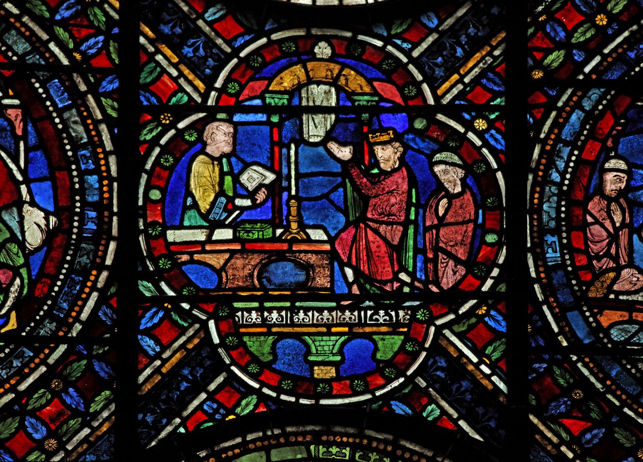 Janela N7 retratando uma cena da vida de St Thomas Becket: Henry IIs penitência de English School
