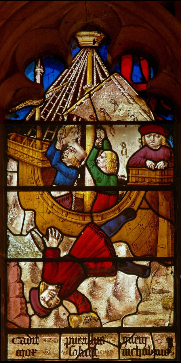 Janela SaEw retratando uma cena de uma lenda de São Nicolau: o milagre do menino e da taça: o menino encarregado de uma Taça de Ouro cai no mar a caminho de Bari. de English School