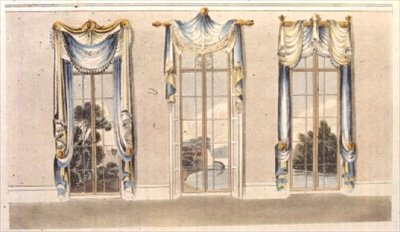 Cortinas de janela, placa 112 do Repositório de Artes de Ackermann, publicado em 1820 (cor litho) de English School