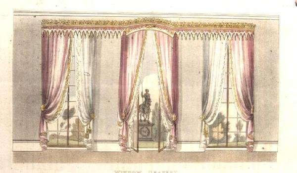 Cortina de janela, placa 114 do Repositório de Artes de Ackermann, publicada em 1820 (cor litho) de English School