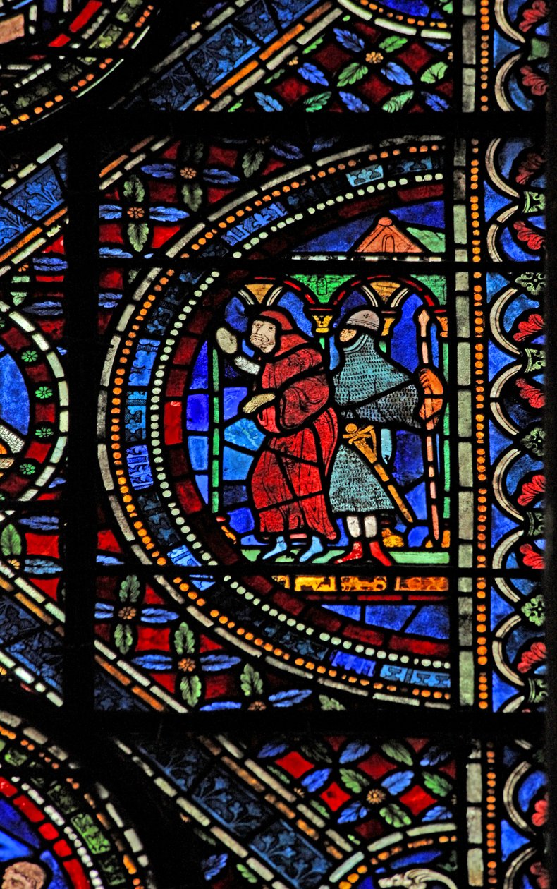 Janela n7 retratando uma cena da vida de St Thomas Becket: um cavaleiro armado e um monge de English School