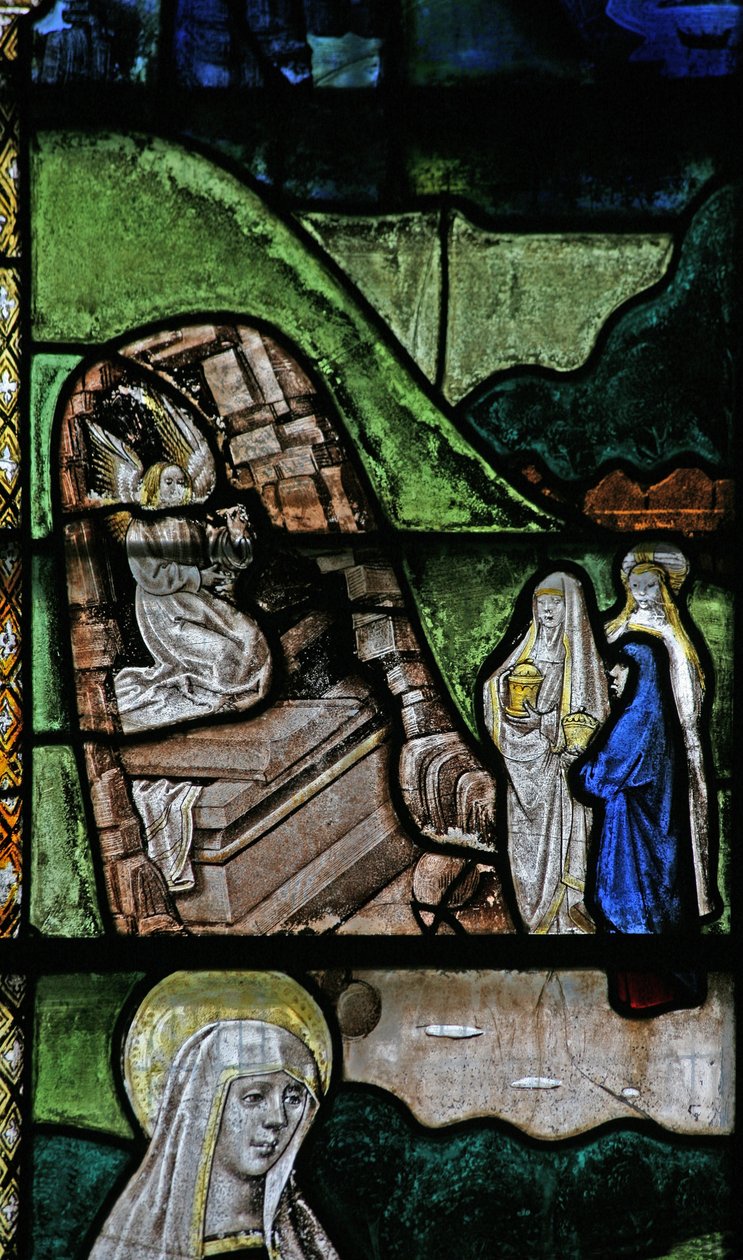 Janela s3 representando uma cena de ressurreição: as mulheres sagradas no túmulo de English School