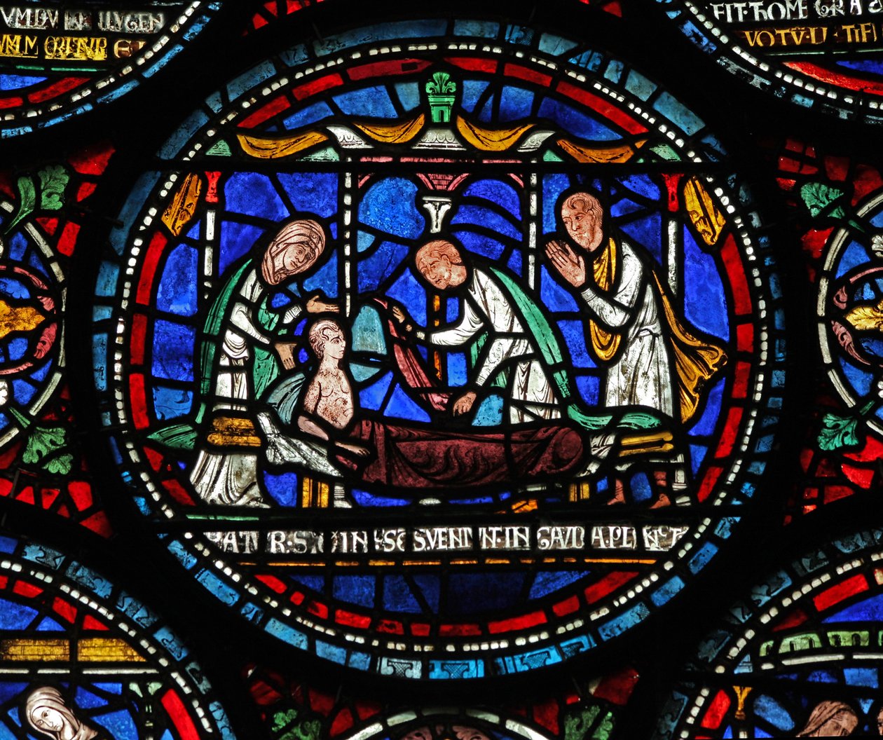 Janela s6 representando uma cena de um St Thomas Becket Janela Miracle: Cicely de Plumstead  Senta-se em seu esquife de English School
