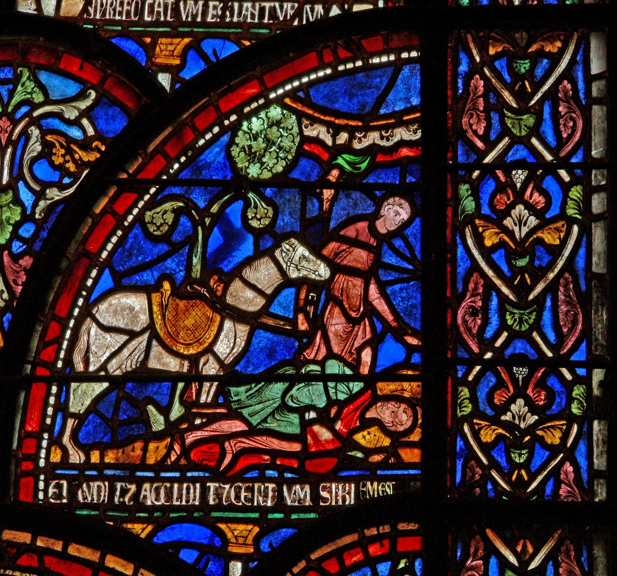 Janela s7 representando uma cena de um St Thomas Becket Janela do milagre: William of Gloucesteris enterrado, mas sua voz é ouvida de English School