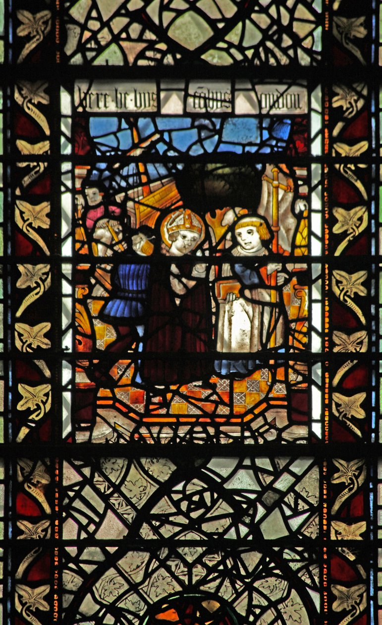 Janela w58 representando uma cena da história de St Thomas Becket - uma cena de embarque de English School