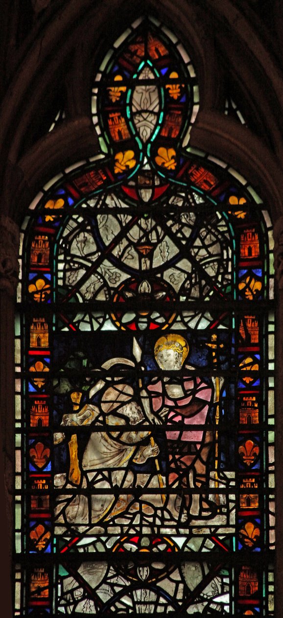 Janela w58 representando o duvidoso St Thomas; grisaille e fronteira de English School