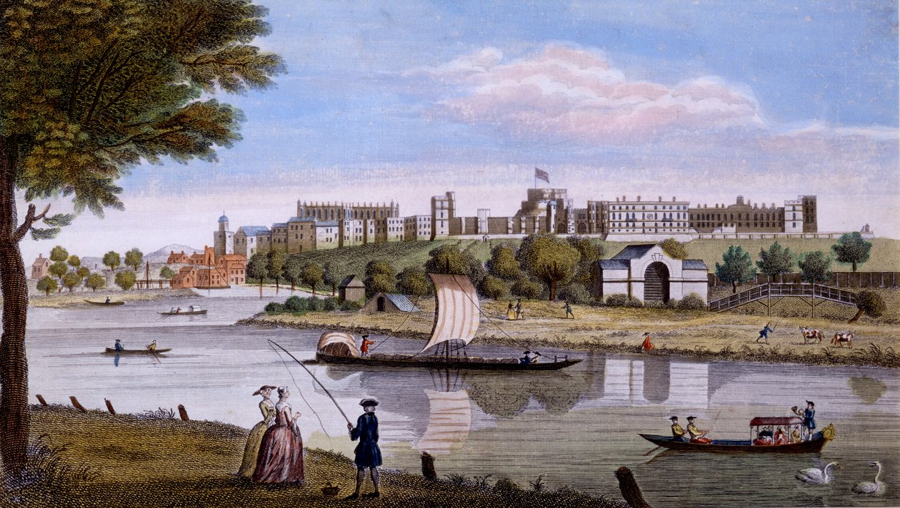 Castelo de Windsor do outro lado do Tâmisa, c.1760s (gravura colorida à mão) de English School