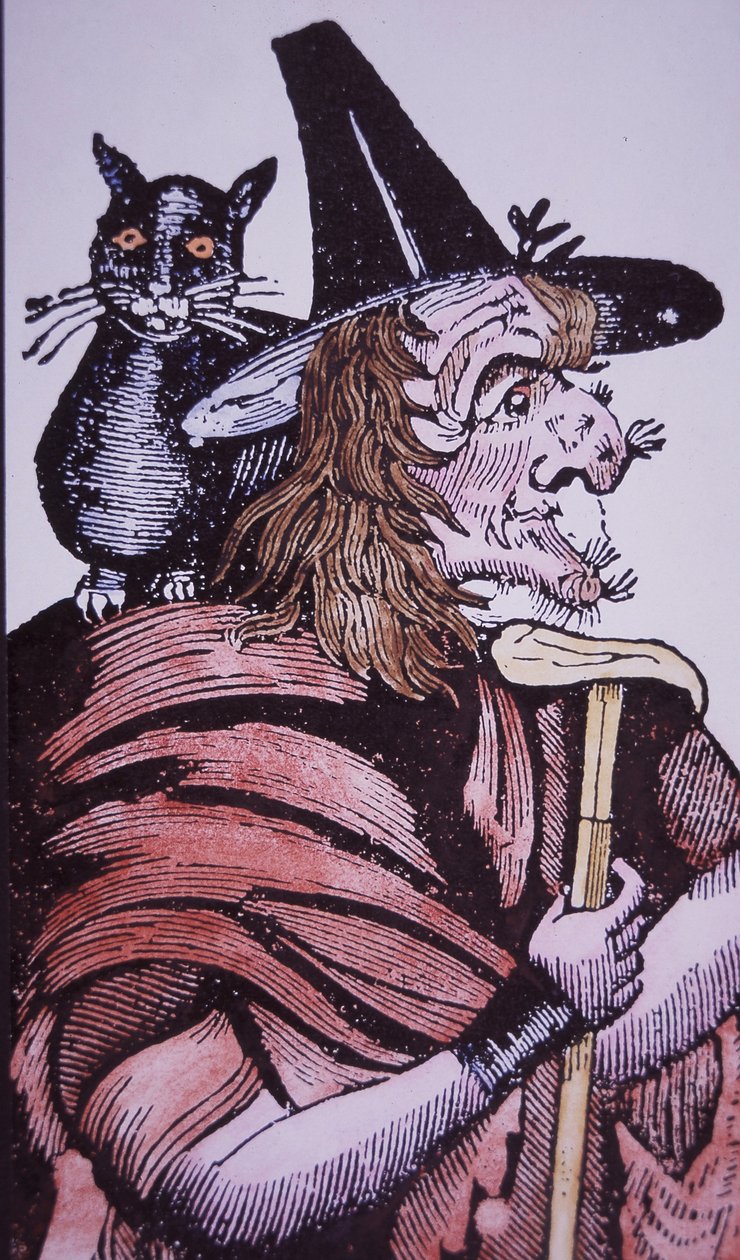 Bruxa com seu gato familiar (xilogravura) de English School