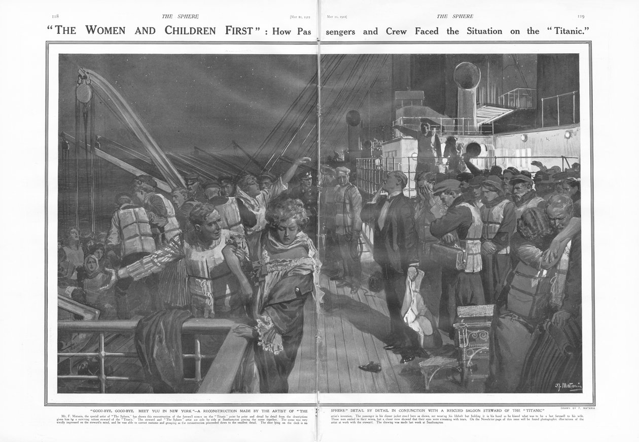 Mulher e Filhos Primeiro: Como os passageiros e a tripulação enfrentaram a situação no Titanic, de The Sphere, 11 de maio de 1912 de English School