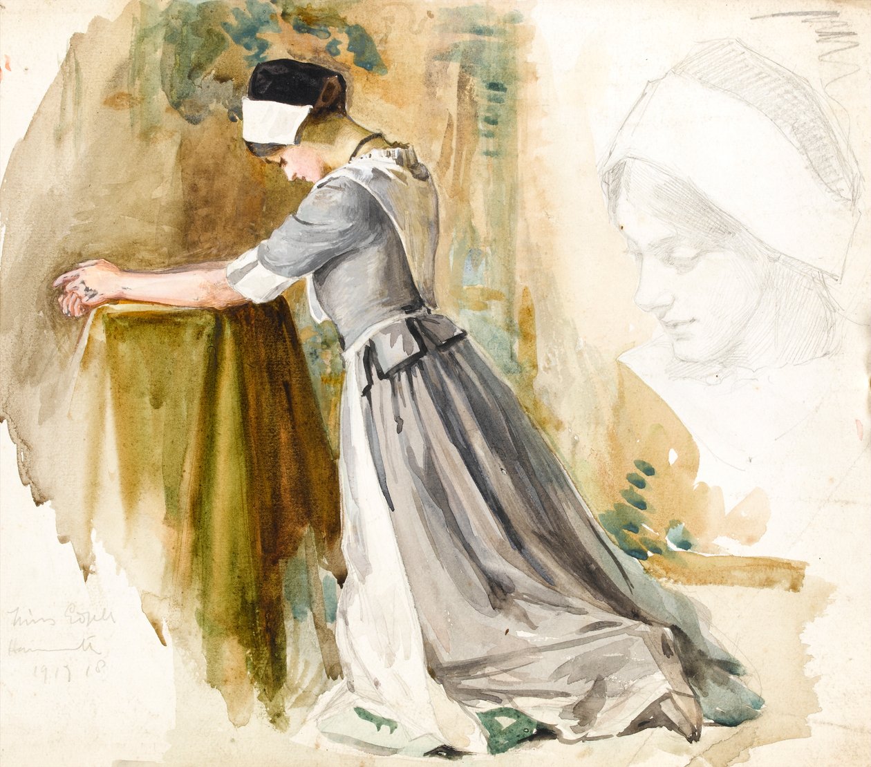 Mulher em oração, c.1917 (wc no papel) de English School
