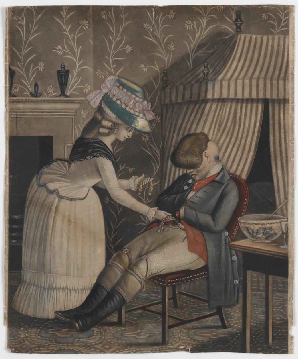 Mulher roubando uma bolsa de meia e relógio de bolso de um homem dormindo, c.1790 (mezzotint cor da mão) de English School
