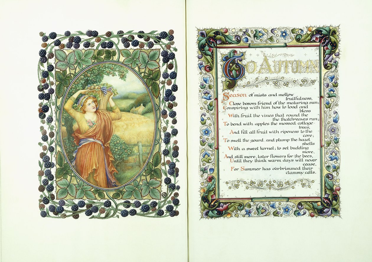 Mulher com a cesta de colheita (verso) e manuscrito iluminado com versos de &39;Para o outono&39; (frente) e bordas decorativas de English School