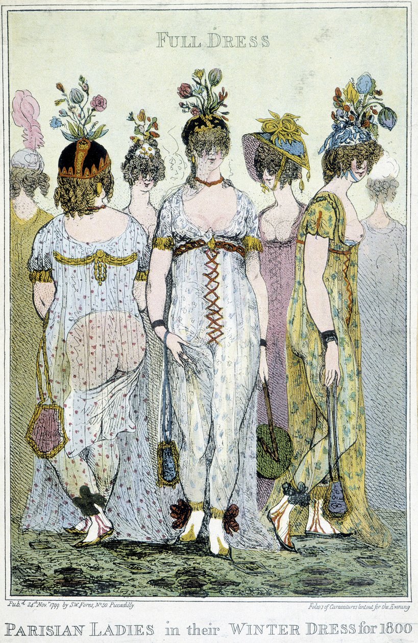 Maravilhoso: Mulheres parisienses em seus vestidos de inverno para 1800, desenhos animados ingleses. de English School
