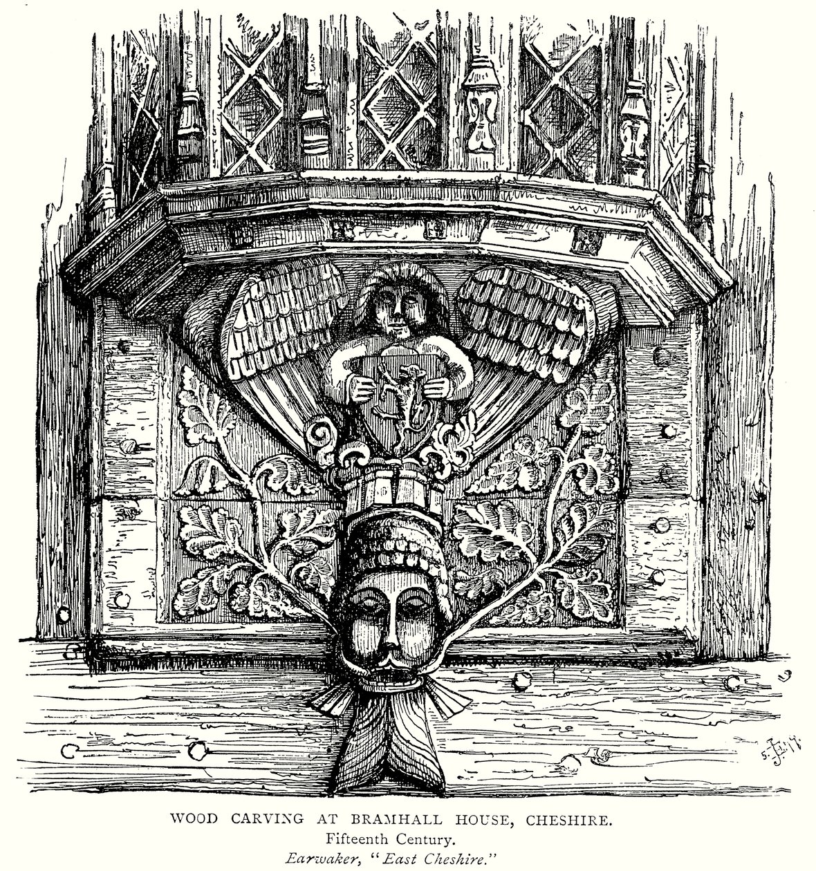 Escultura em madeira em Bramhall House, Cheshire (gravura) de English School