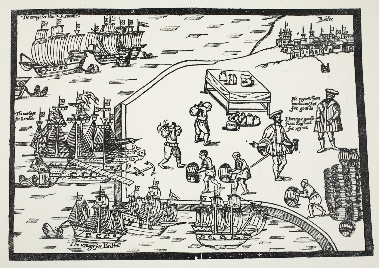 Xilogravura ilustrando o comércio de vinho entre Bordeaux e Inglaterra de English School