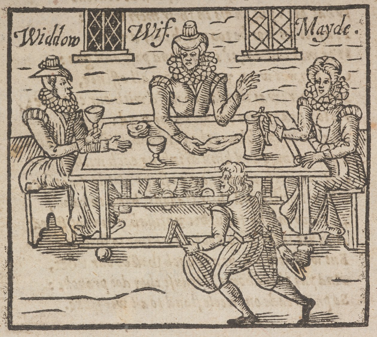Corte de madeira mostrando mulheres sentadas à mesa, uma viúva, esposa e empregada de English School