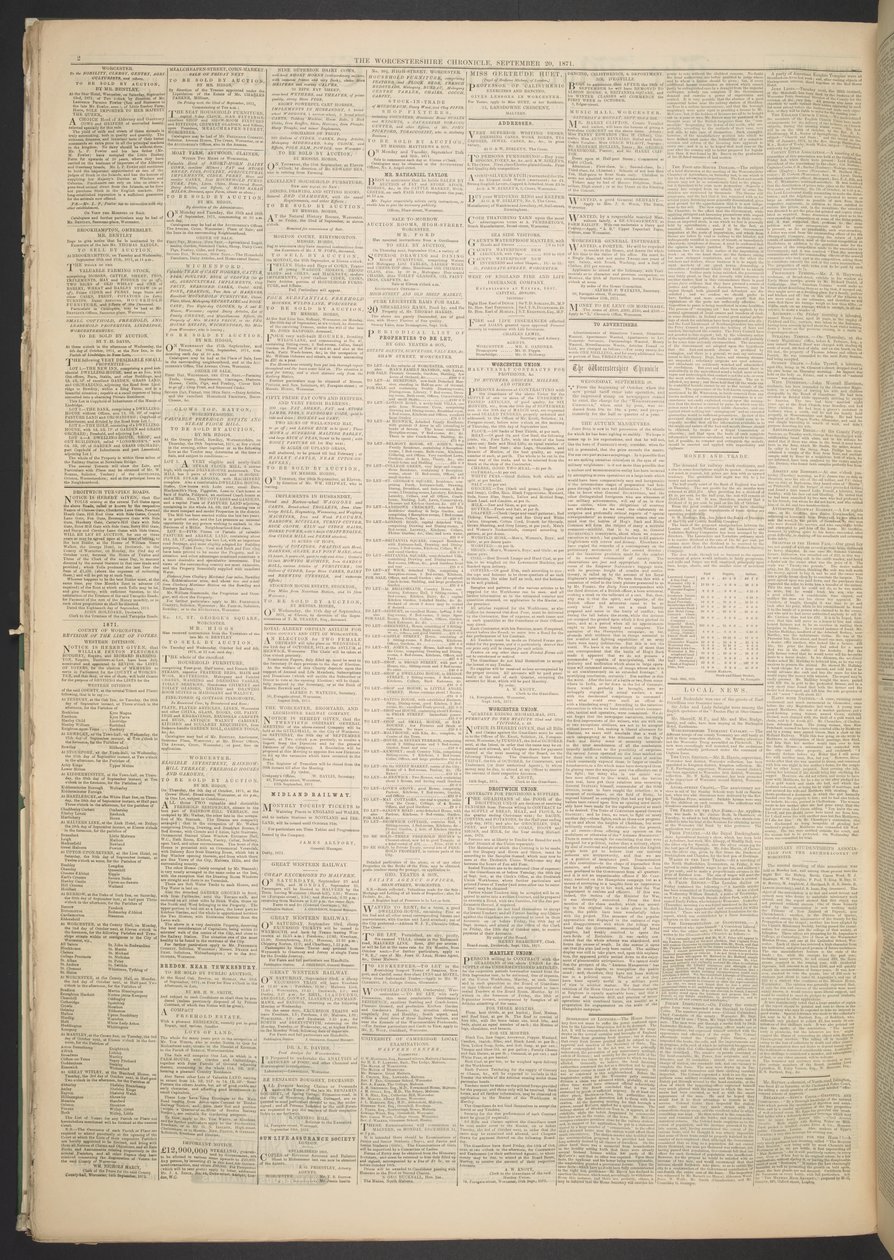 Worcestershire Chronicle, 20 de Setembro de 1871 (papel de jornal) de English School