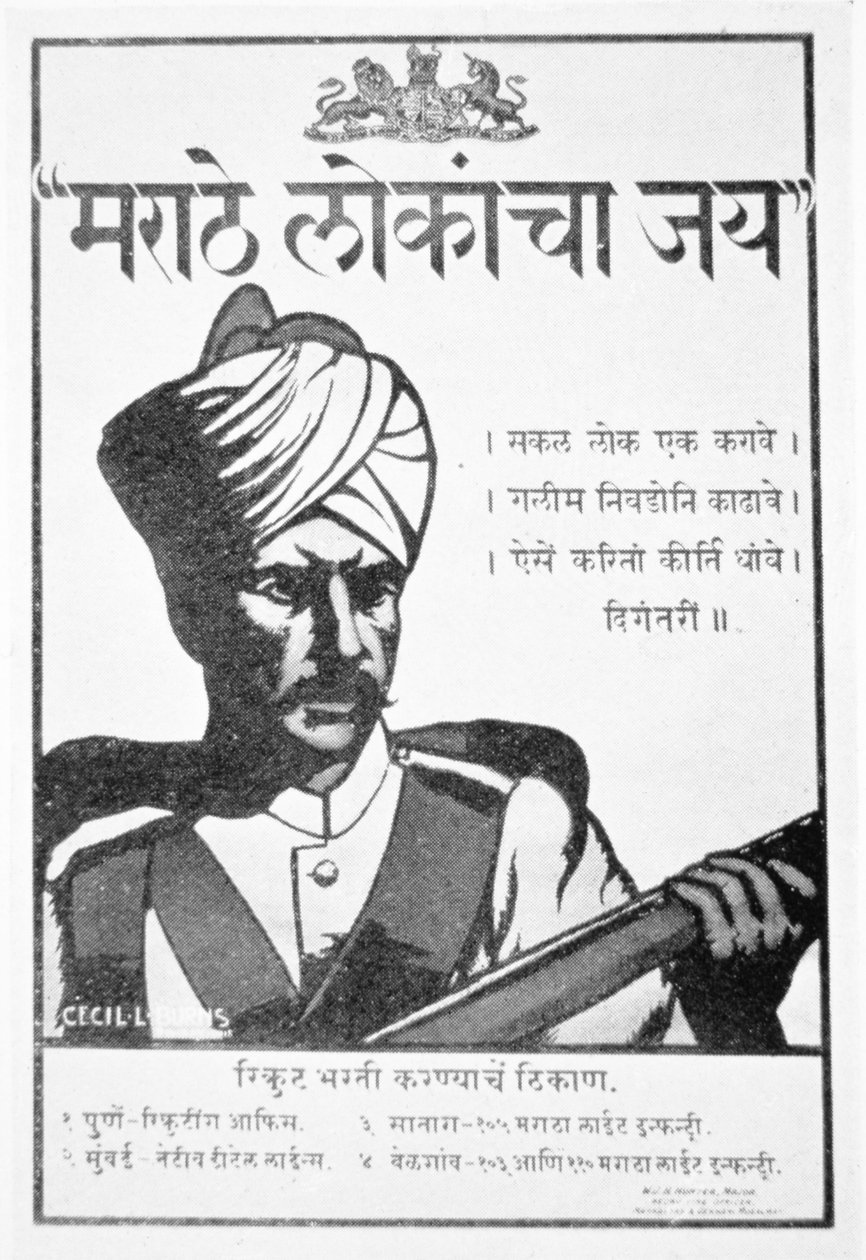 Cartaz de recrutamento anglo-indígena da Primeira Guerra Mundial emitido em Bombaim de English School