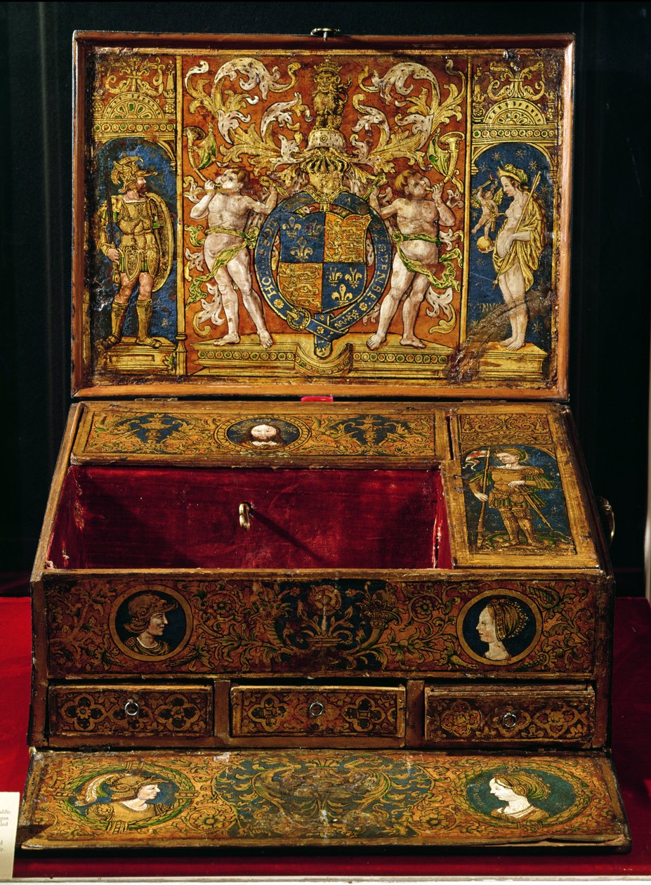 Escrita caixa ou mesa de mesa, provavelmente pintada por Lucas Hornebolte (c.1492-1544) c.1525-27 (nogueira e carvalho com couro pintado e dourado) de English School