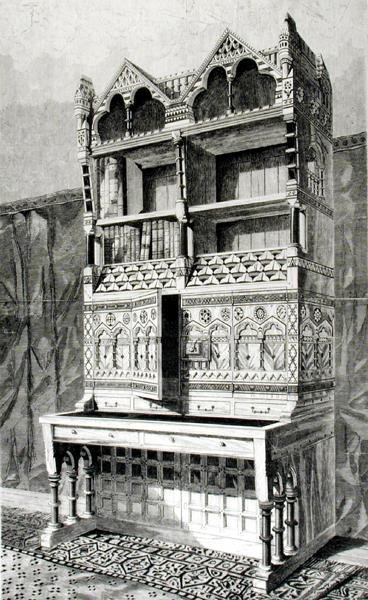 Escrita de mesa e caixa de livro na exposição de arquitectura, executada pelo Sr. James Forsyth, a partir do desenho do Sr. R. Norman Shaw de English School
