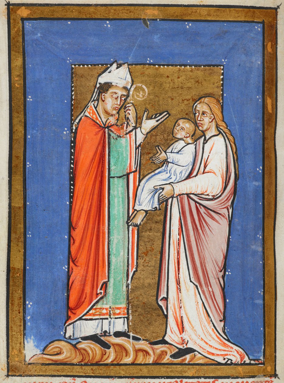 Yates Thompson 26 f.62v St. Cuthbert Healing a Child with the Plague, ilustração da 