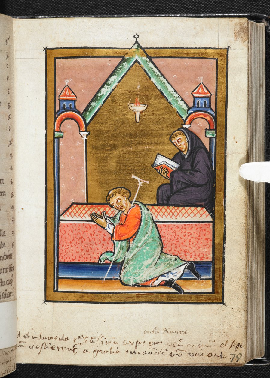 Yates Thompson Sra. 26, f.79 r Aleijada a rezar no túmulo de St Cuthbert, ilustração de 