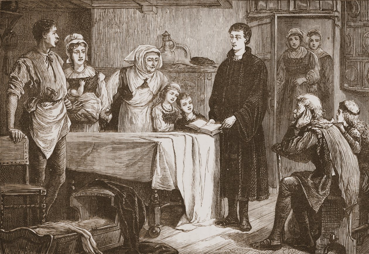 Jovem Calvino expõe a Bíblia a uma família em Bourges, ilustração de A História do Protestantismo, de James Aitken Wylie (1808-1890), pub. 1878 de English School