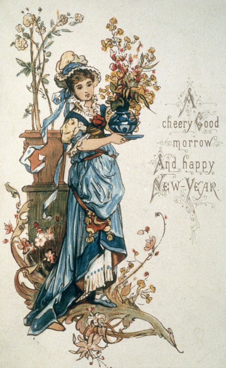 Rapariga em azul para desejar-lhe um muito feliz Natal e ano novo, c.1900 de English School