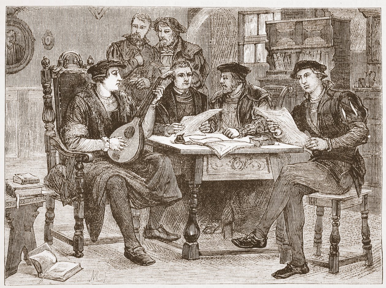 Zwingle entre seus amigos, ilustração da história do protestantismo por James Aitken Wylie (1808-1890), bar. 1878 de English School