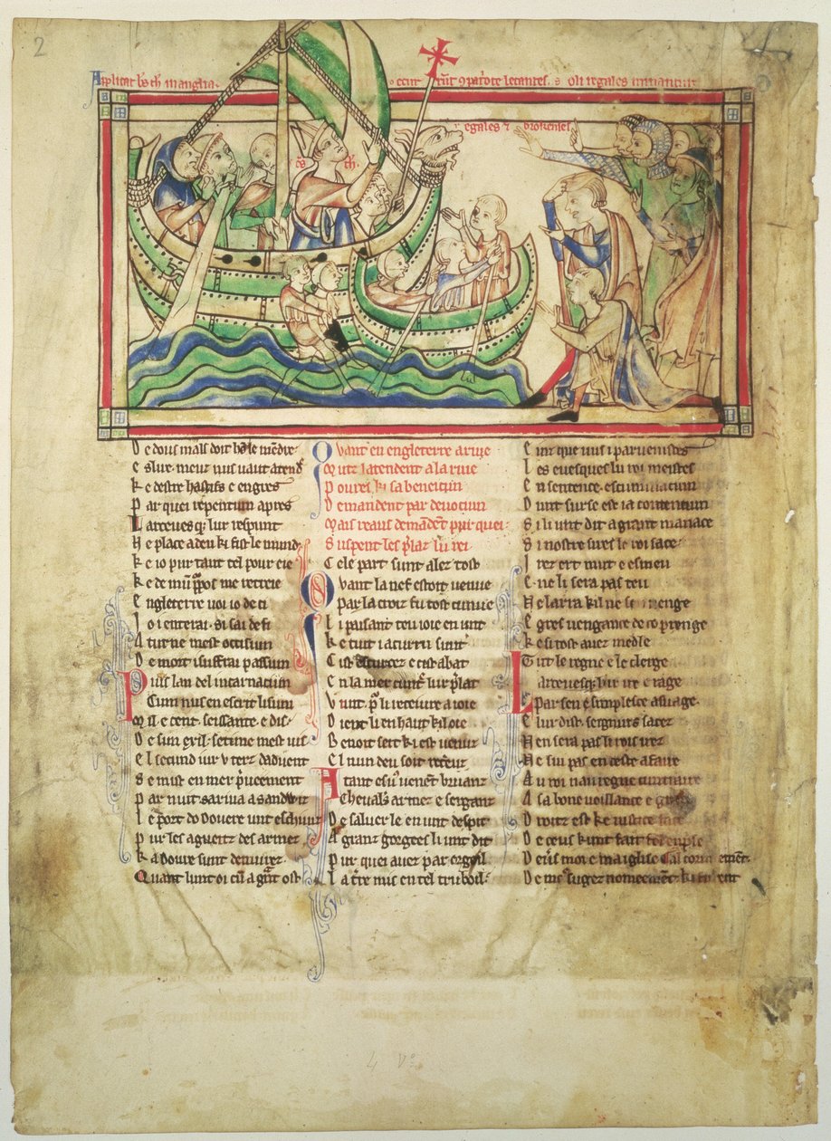 f.4v Thomas a Becket desembarcando em Sandwich e abençoando a água, das folhas de Becket, c.1220-40 de English School