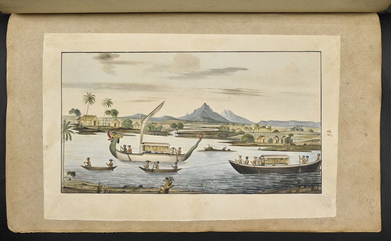 f.75 (placa 86) Cena fluvial em Java com barcos, incluindo um barco com cabeça de dragão de English School