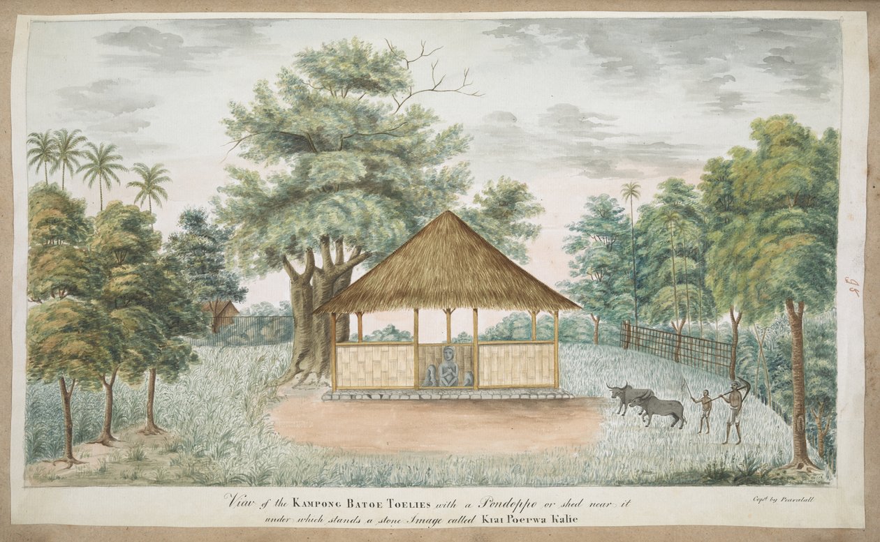f.84 (95) A estátua de Kiay Poerwakali num barracão de colmo no exterior da aldeia de Batu Tulis (W. Java). Inscrito na frente com tinta:Vista do Toelies do Batoe Kampong com um Pondoppo ou barracão perto dele, sob o qual se encontra uma imagem de pedra ch de English School