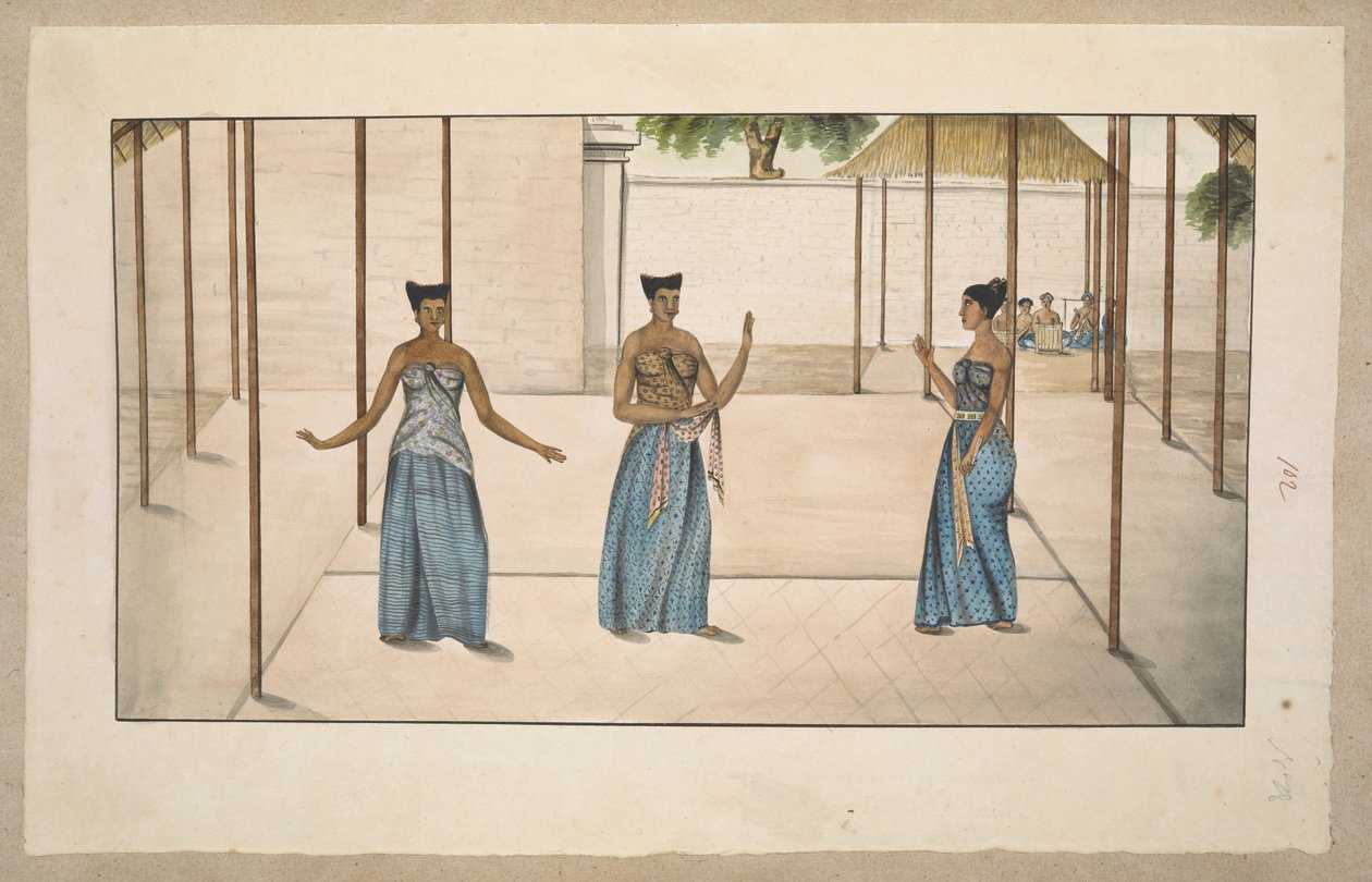 f.91 (102) Três dançarinos serimpi da corte e orquestra gamelan, provavelmente em Solo ou Jogja 1811-13 (lápis e aguarela sobre papel) de English School
