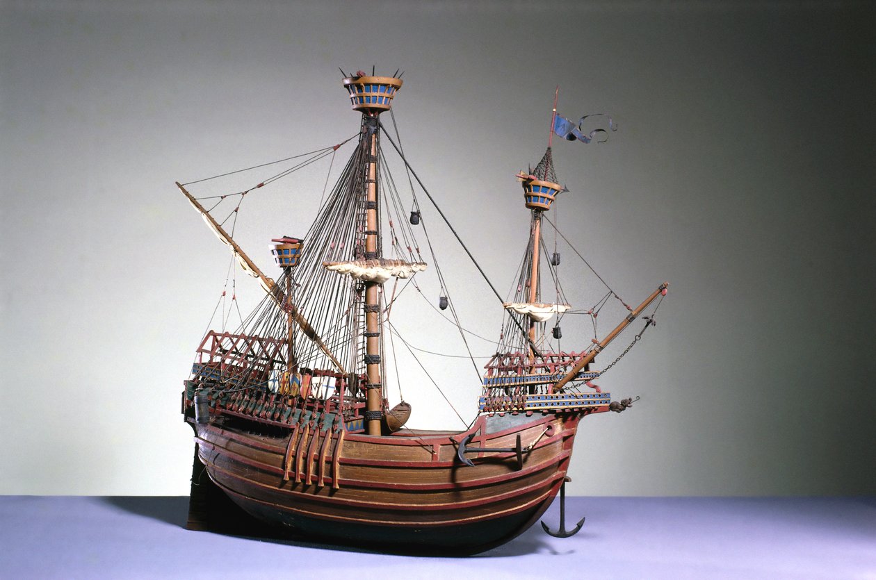 Modelo em escala 1:60 de uma carraca flamenga de c.1480 (madeira) de English School English School