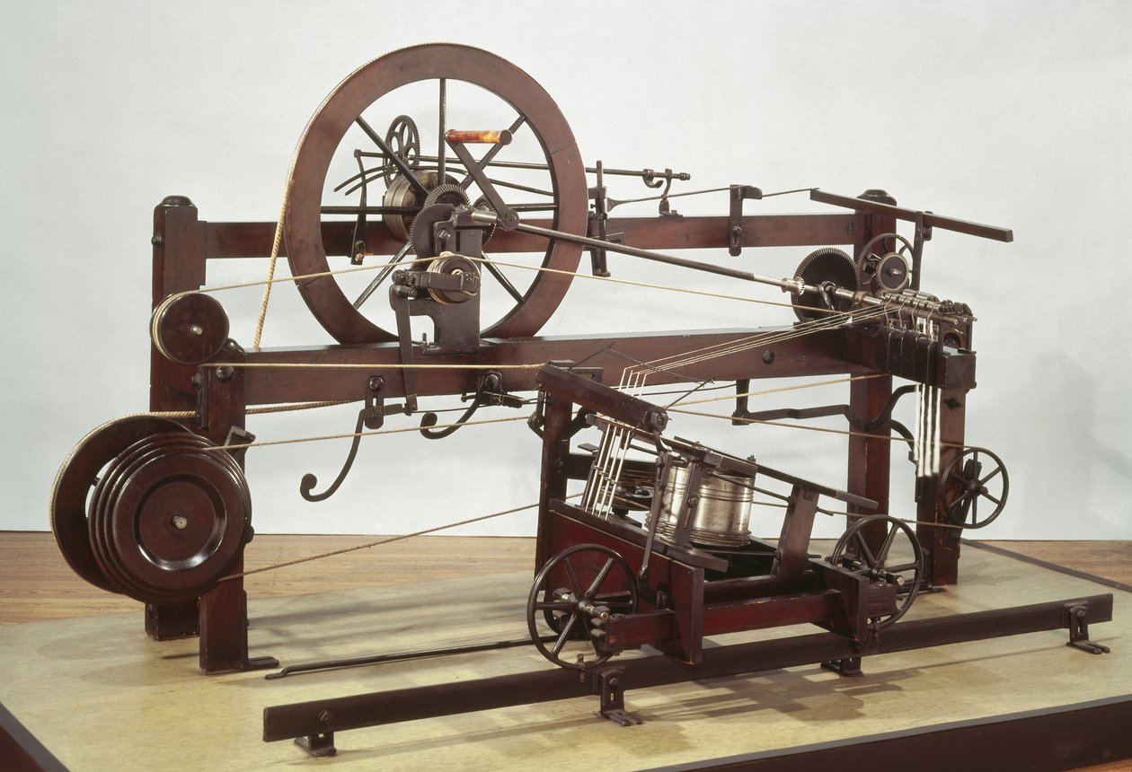 Réplica da moldura de mula giratória inventada por Samuel Crompton (1753-1827) em c.1772-79 (madeira e metal) de English School English School