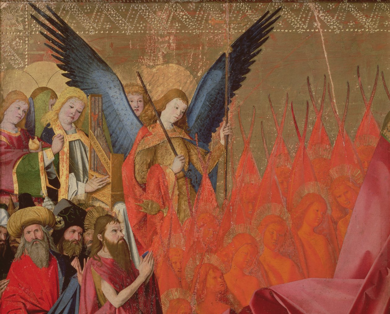 Anjos e oficiais eleitos, detalhe da Coroação da Virgem, 1453-54 óleo no painel de Enguerrand Quarton