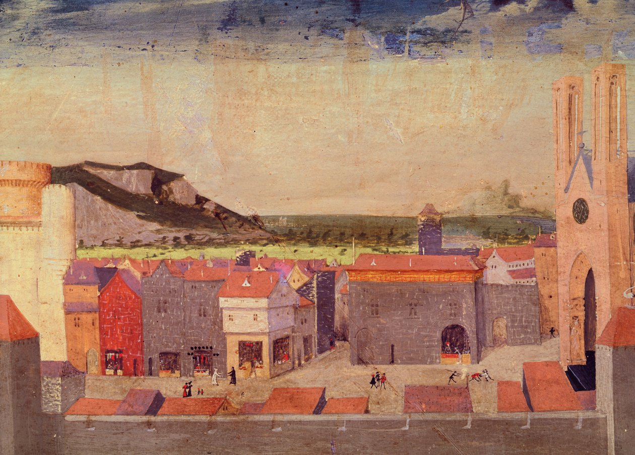O Chartreuse du Val de Bénédiction, a praça pública, detalhe da Coroação da Virgem, 1453-54 de Enguerrand Quarton