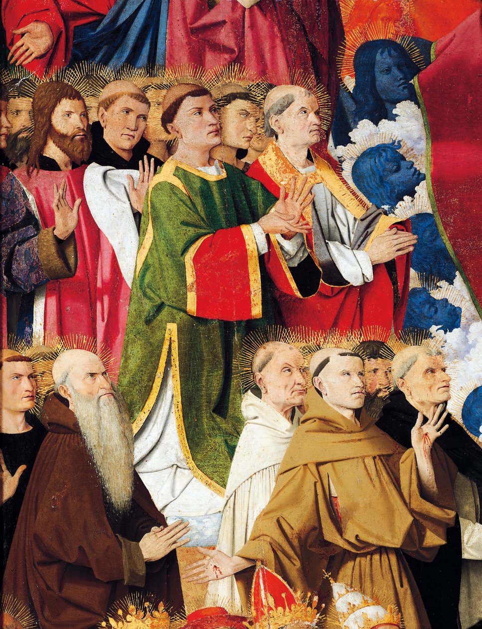 Ordens religiosas e clero, detalhe de Coronation of Virgin Altarpiece de Enguerrand Quarton (cerca de 1410-1466), tempera em painel de Enguerrand Quarton