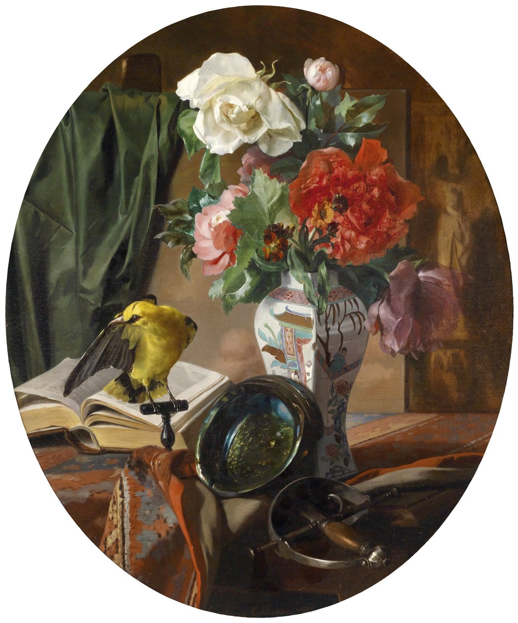 Ainda vida com flores em um vaso chinês, pássaro e ornamentos de Ennemond Collignon