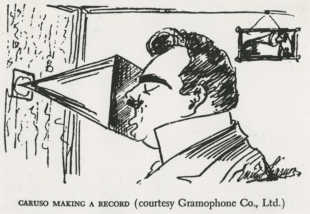 Caruso fazendo sua primeira gravação de gramofone, 1902 (desenho) de Enrico Caruso