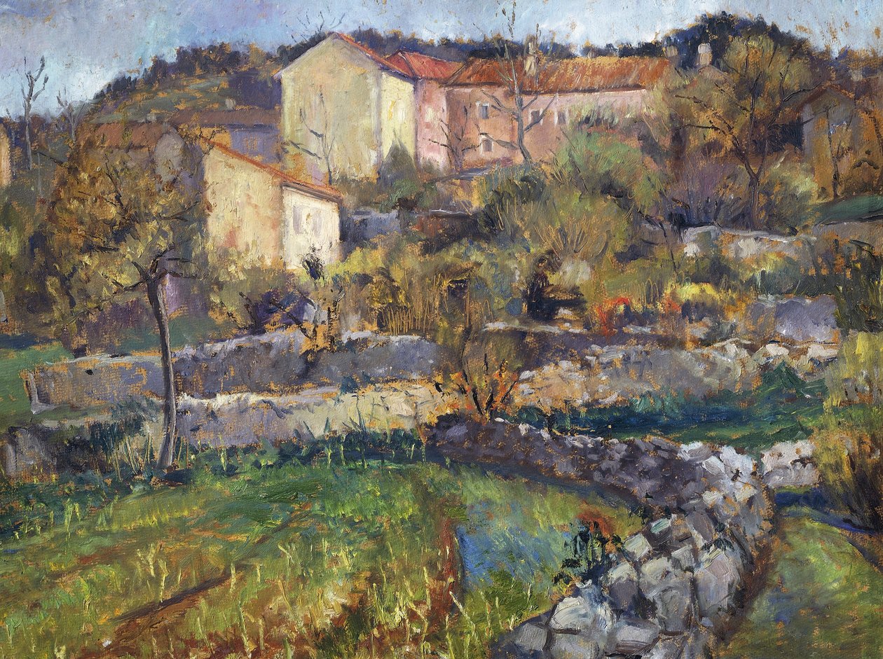 Town in Karst, de Enrico Fonda (1892-1929), óleo sobre papelão, 69x89 cm. Itália, século XX. de Enrico Fonda