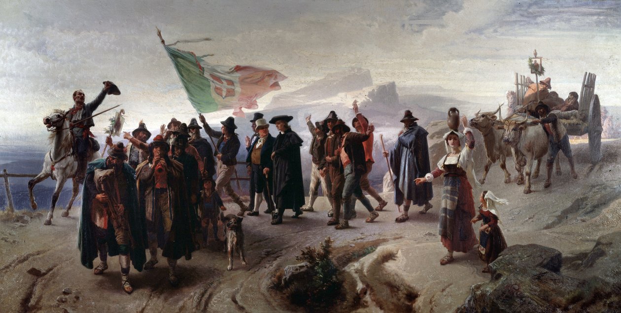 Risorgimento: "Anexação da região Abruzzo à Itália unificada em 1861" (Anexação da região Abruzzo à Itália unificada em 1861) Pintura de Enrico Gamba (1831-1883) Dim 104x207 cm Genes, Galleria d