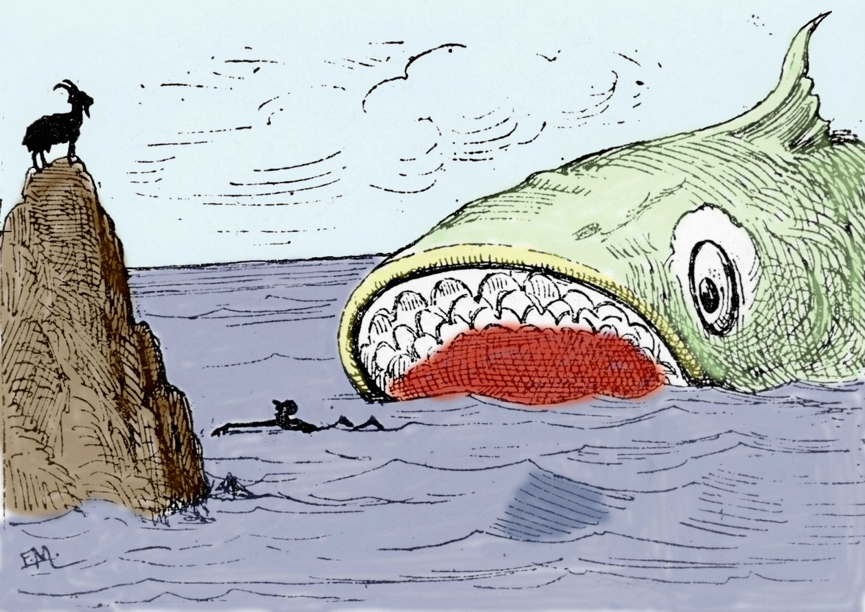 Ilustração do conto "Pinóquio" de Carlo Collodi. Um peixe enorme apreendido para comer Pinóquio. Ilustração de Enrico Mazzanti (1852-1910) para a edição de 1883. de Enrico Mazzanti