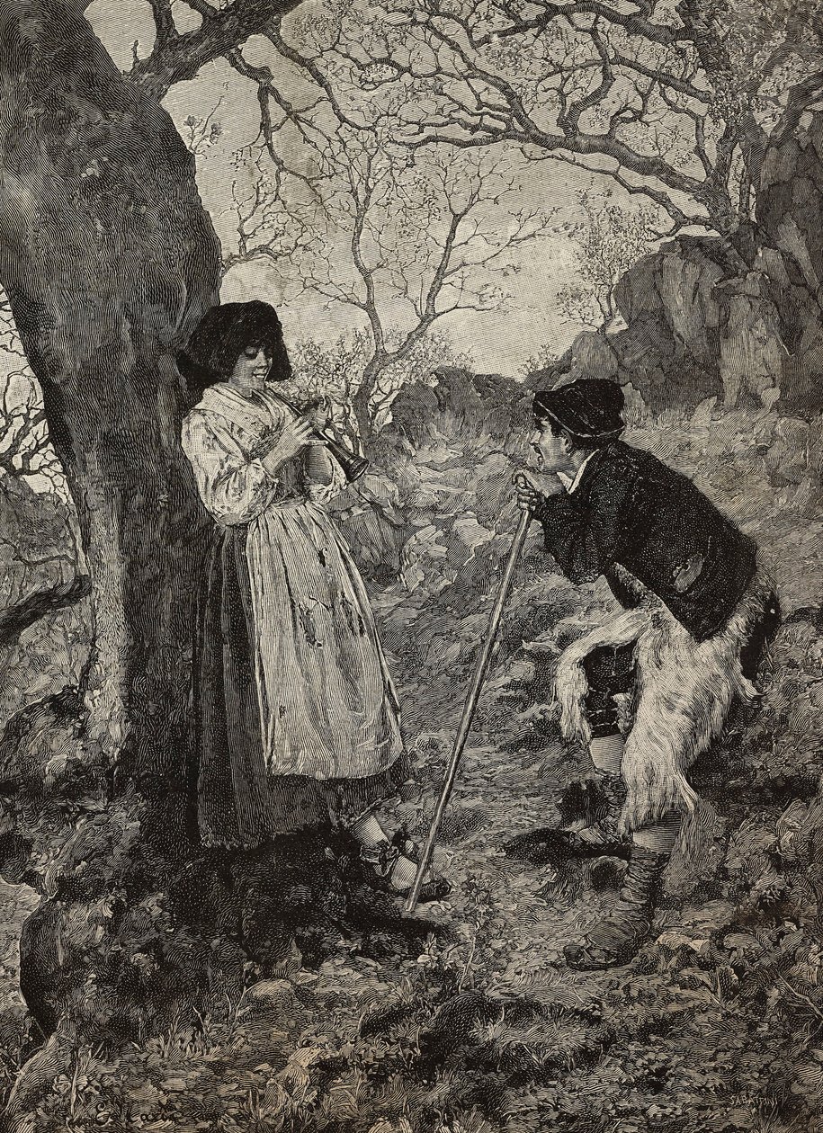 Idyll, pastor ouvindo a jovem mulher tocando flauta, gravura de G Sabattini de aquarela de Enrico Nardi, de L